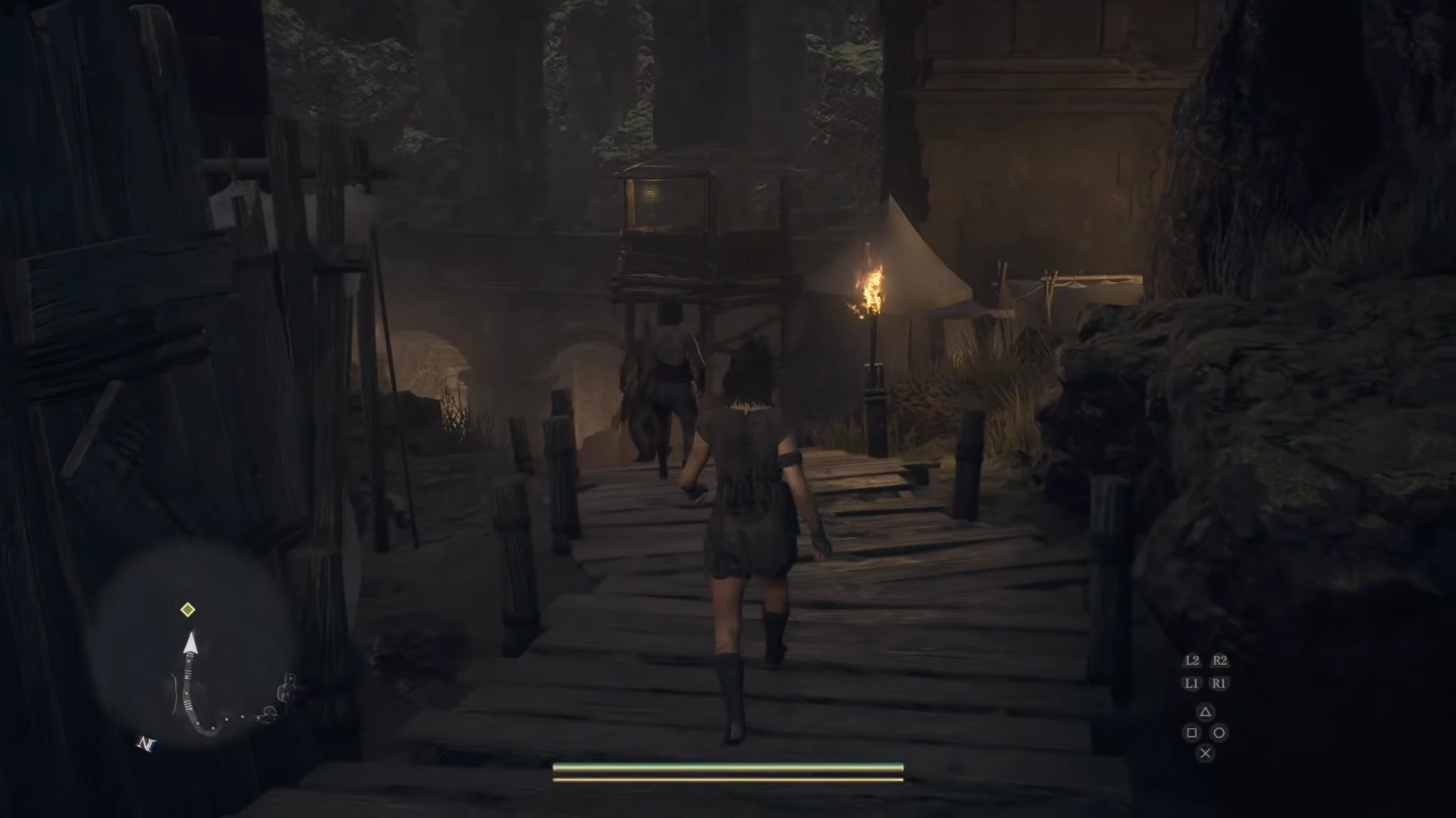 Arisen follows another character along a wooden walkway during the opening escape