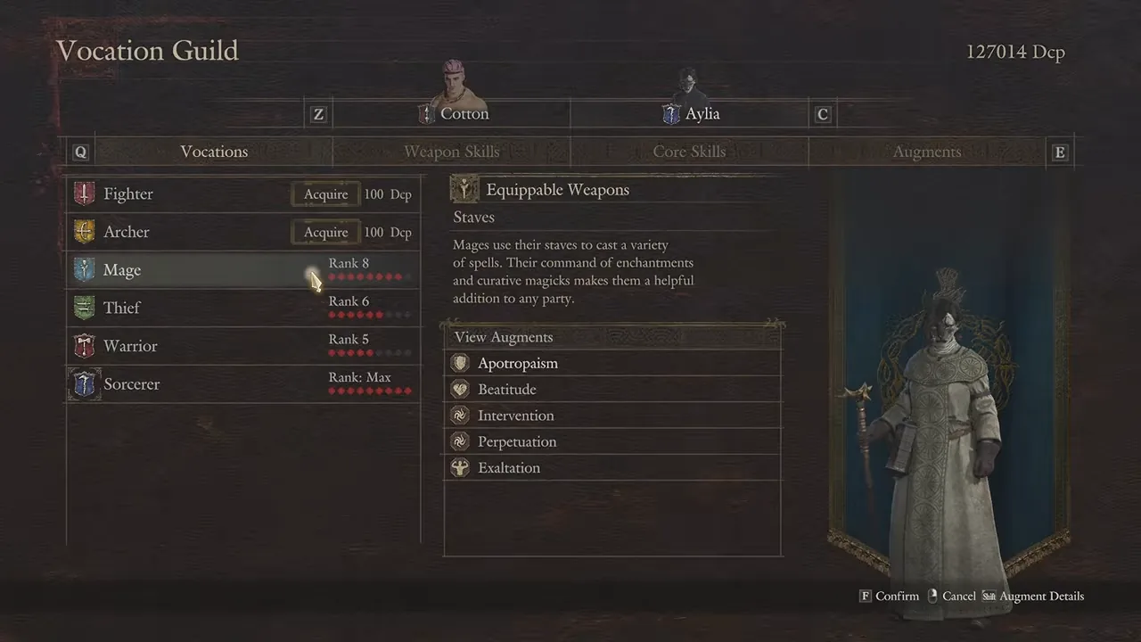 Vocation Guild menu showing the named Main Pawn set to Mage