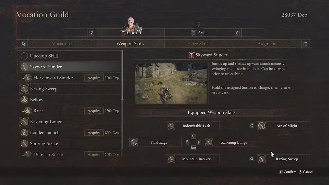 Warrior vocation menu with six equipped weapon skills visible in one creator-video frame