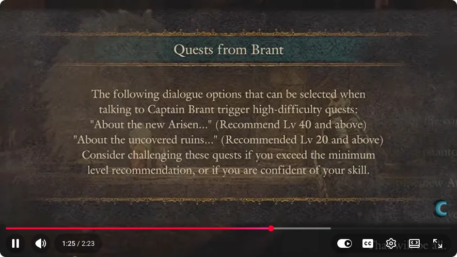 Brant quest recommendation screen showing level 40 and level 20 recommendations
