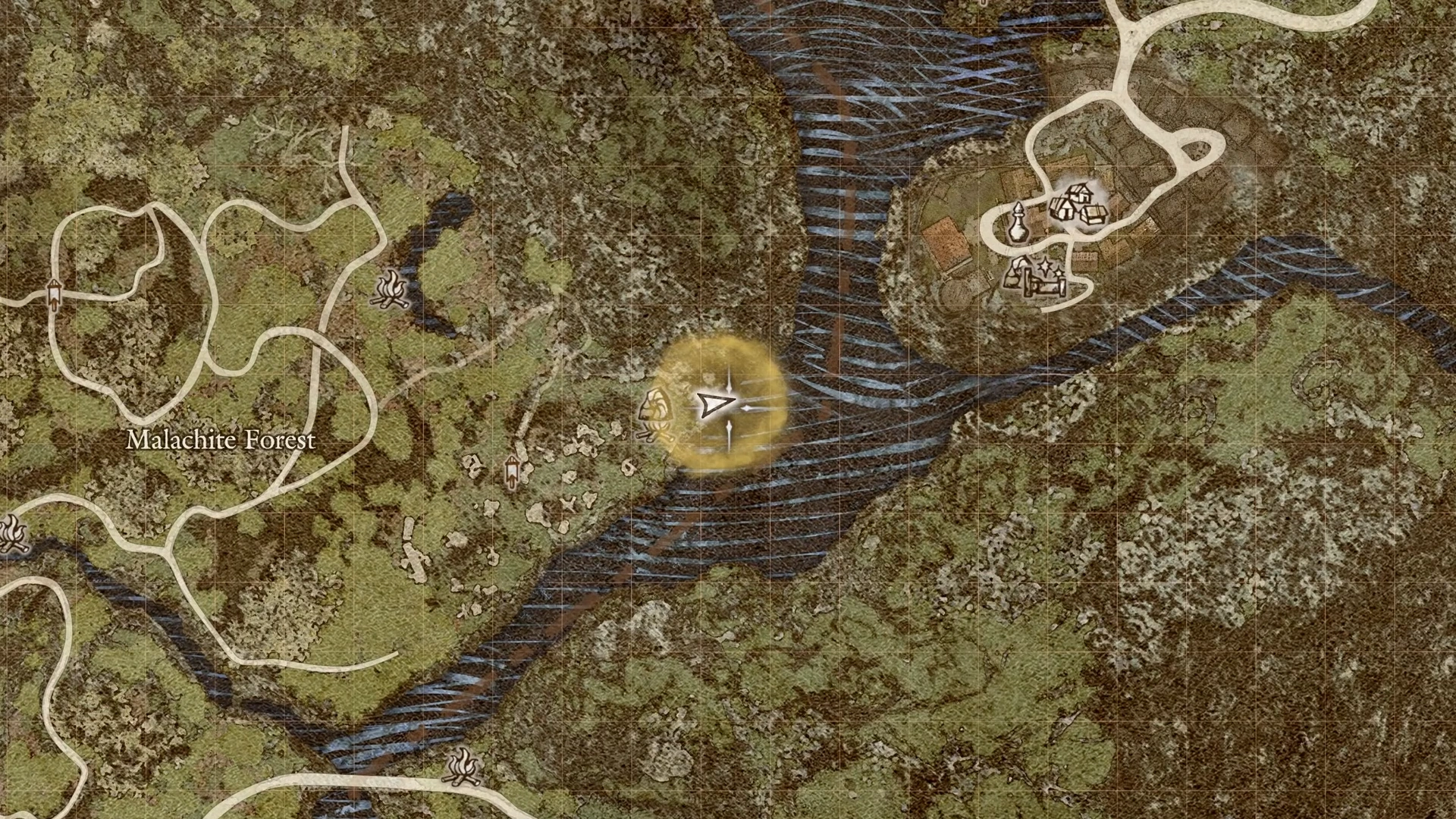 Map shows the travel marker east of Malachite Forest across the river from Vernworth