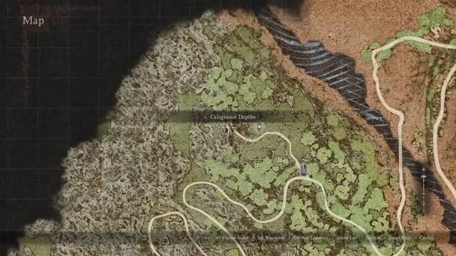 Dragon’s Dogma 2 map with the Caliginous Depths label in southwest Battahl