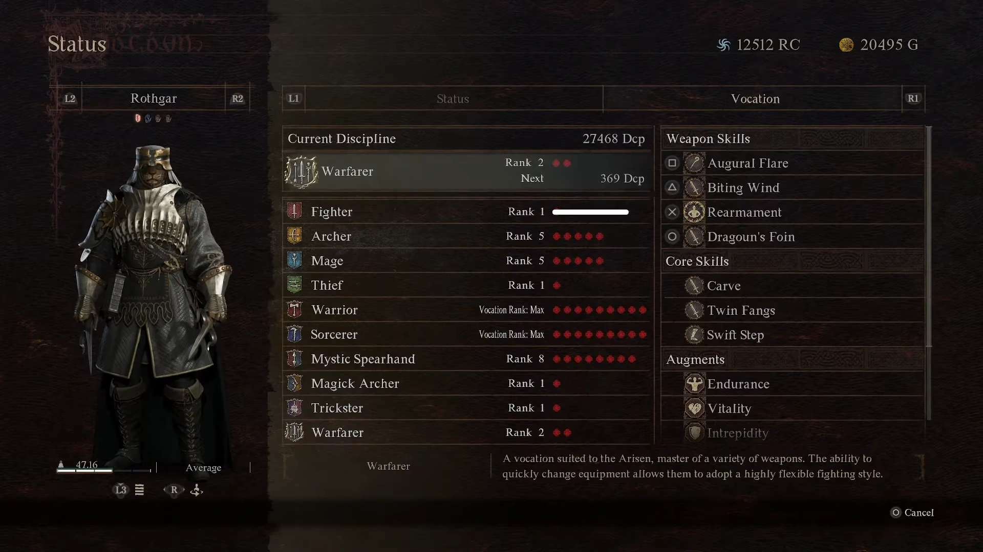 Status screen lists Warfarer as the current discipline and Rearmament among weapon skills