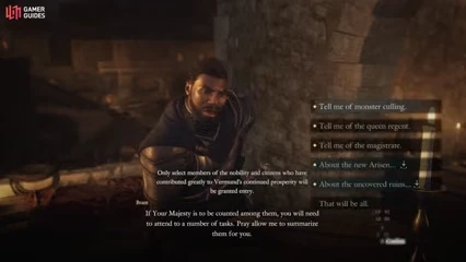 Captain Brant dialogue menu with the new Arisen and uncovered ruins options