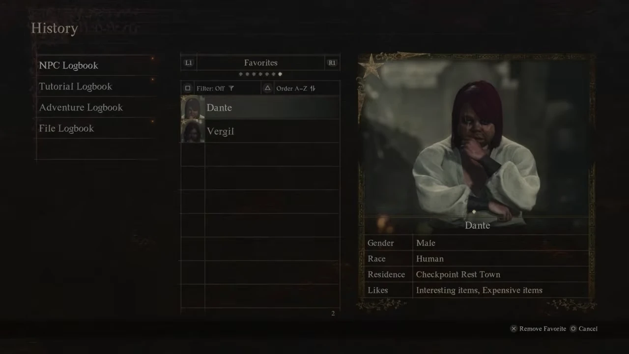 Dante portrait and NPC Logbook entry for comparing the twins